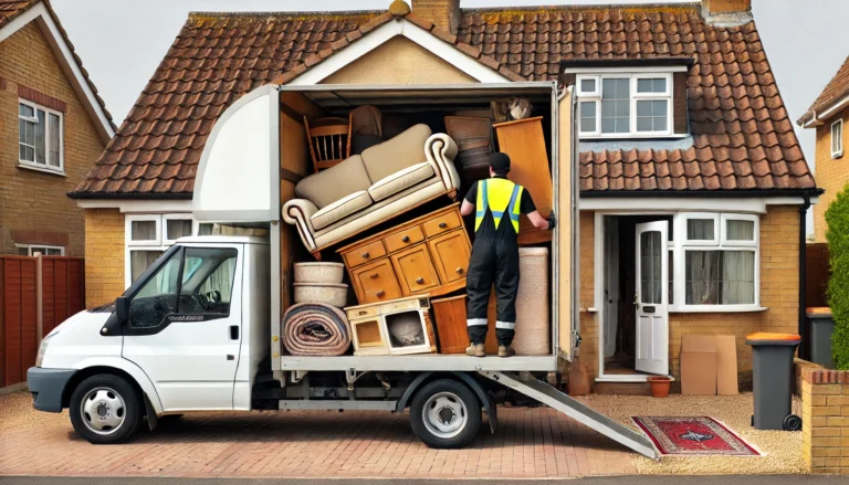 House clearance in Milton Keynes with a large white van parked on the driveway of a typical three-bedroom bungalow. Two men in high-visibility vests and black uniforms are loading old kitchen cabinets, a sofa, rugs, and a bed into the van. The back doors of the van are open, showing the securely packed items inside, and the front door of the house is open as part of the ongoing clearance