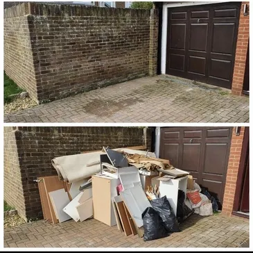 Waste Clearance. Bommot picture full of rubbish. Top picture rubbish is gone