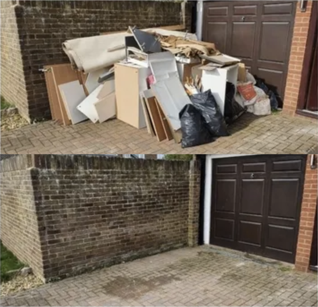 Waste clearance. Two pictures of a driveway together one with junk on it the next with the junk gone