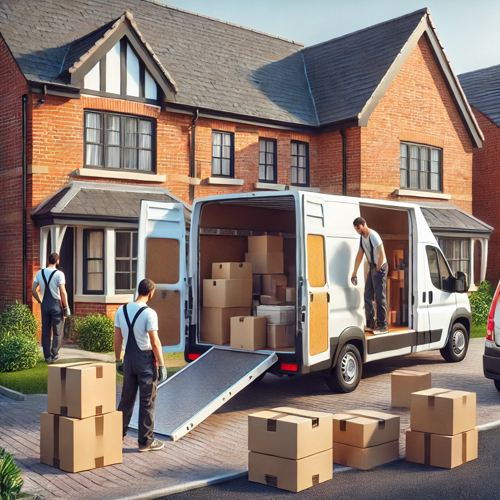 a real life picture of two men loading a van clearing a house. the van must be big and white with a tail lift half way down in front of a detached home typical of milton keynes   