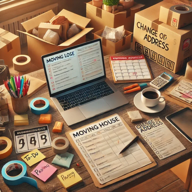 A well-organized desk in Milton Keynes filled with house moving essentials, including a to-do list, calendar with moving dates, packing boxes, packing tape, a laptop displaying a moving checklist, coffee cup, markers, sticky notes, and paperwork labeled 'Change of Address' and 'Moving Quotes.' Perfect for planning a house move.