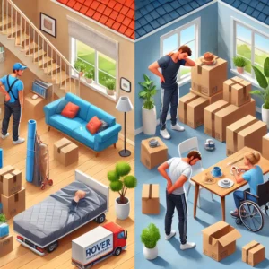 Illustration showing moving house challenges like damaged furniture and physical strain, alongside solutions such as protective padding, proper lifting techniques, and taking breaks with family during the process.