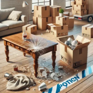 A moving house scene showing accidental damage risks, including a scratched wooden table, a broken fragile box spilling items, and a spilled drink on the floor. Furniture is protected with padding, and boxes are labeled to highlight preventative measures.